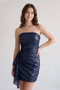 Navy Blue Strapless Sheath Sequins Mini Homecoming Dresses With Side Train