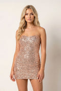 Champagne Sheath Fitted Strapless Sequined Mini Homecoming Dresses