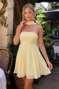 Yellow A Line Strapless Chiffon Homecoming Dresses With Scarf