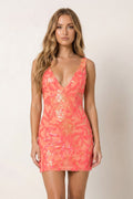 Orange Sequin Lace Plunge V Neck Bodycon Homecoming Dresses