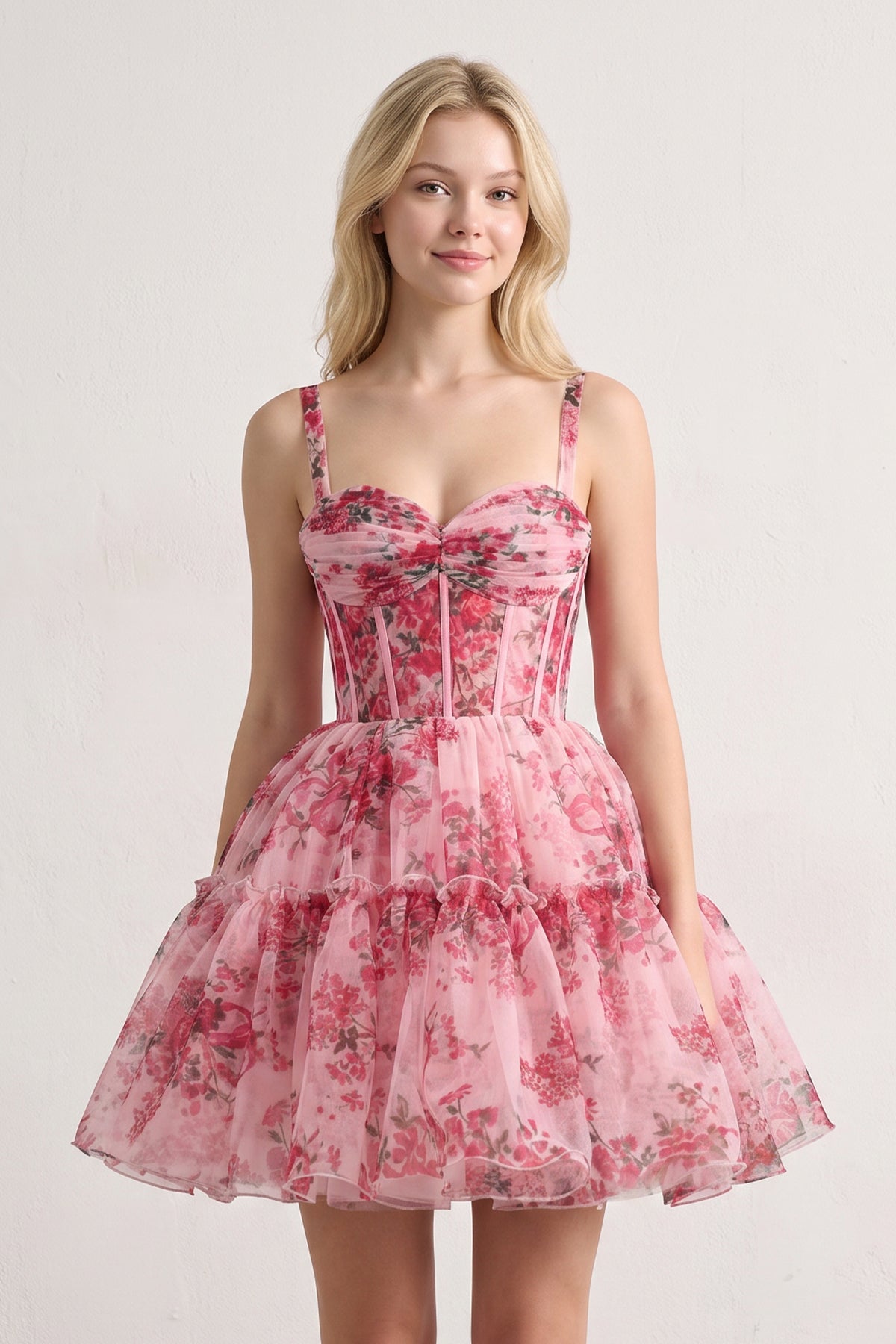 Pink - A Line Sweetheart Floral Tulle Short Homecoming Dresses