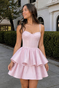 Pink A Line Sweetheart Satin Ruffles Short Homecoming Dress