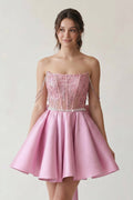 A-Line Pink Lace Off-the-Shoulder Bow-Back Short Homecoming Dress
