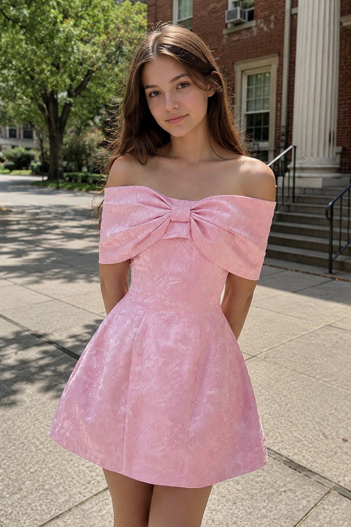 Pink Off The Shoulder Jacquard A Line Homecoming Dress With Appliques