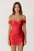Red Bodycon Satin Off the Shoulder Homecoming Dresses with Beads