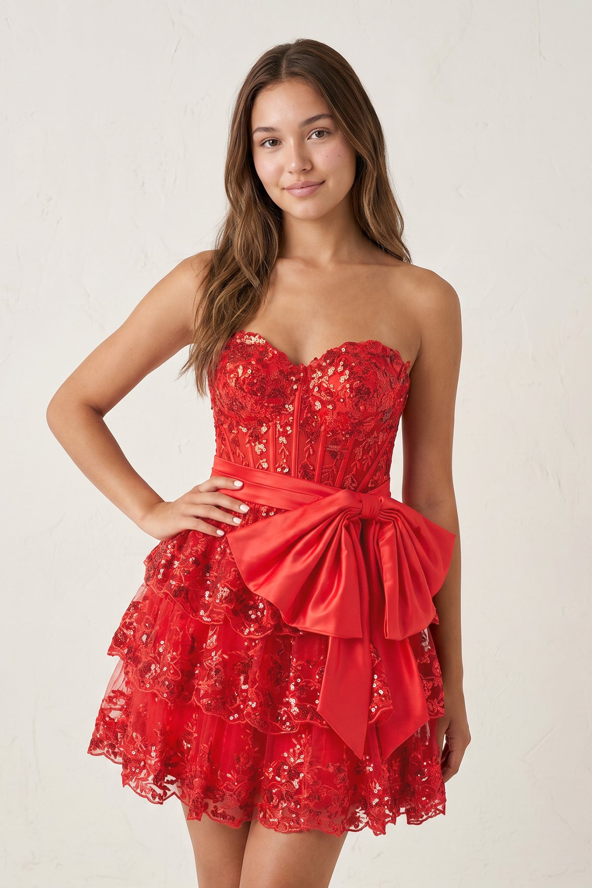 Red Corset Sequin Appliques Short Party Dress with Bow