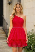 One-Shoulder Beaded Ruffle Homecoming Dress in Blue