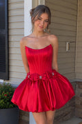 Red - Strapless A Line Satin Short Homecoming Dresses With Bow