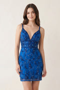 Blue Floral Lace Beaded Lace-Up Back Homecoming Dress