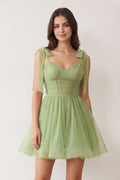 A-Line V-Neck Sage Green Pleated Short Homecoming Dress