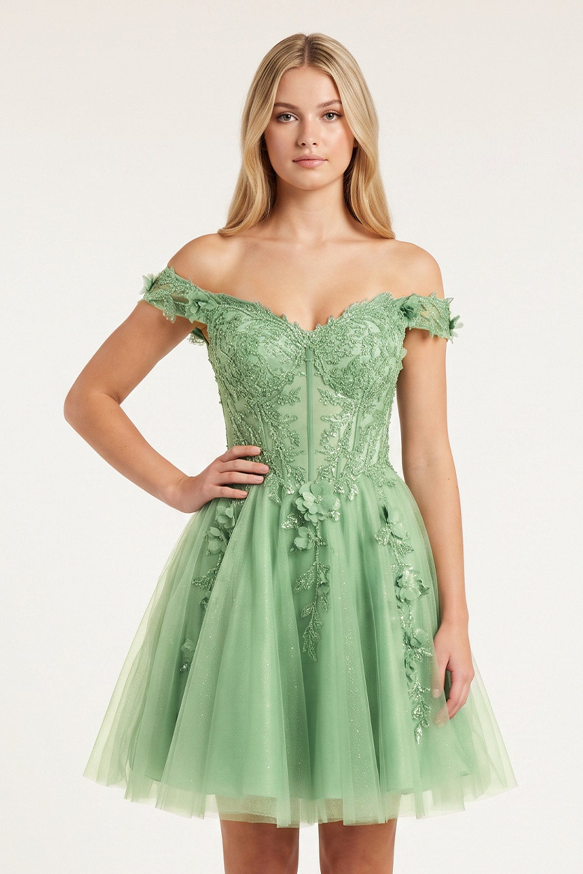 Green Off-the-Shoulder Beaded Appliques A-Line Homecoming Dress