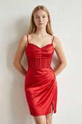 Spaghetti Straps Bodycon Corset Satin Mini Dress with Slit