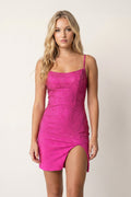 Sheath Beaded Satin Homecoming Dress with Slit