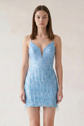 Sheath Spaghetti Straps Sky Blue Mini Homecoming Dresses with Tassel