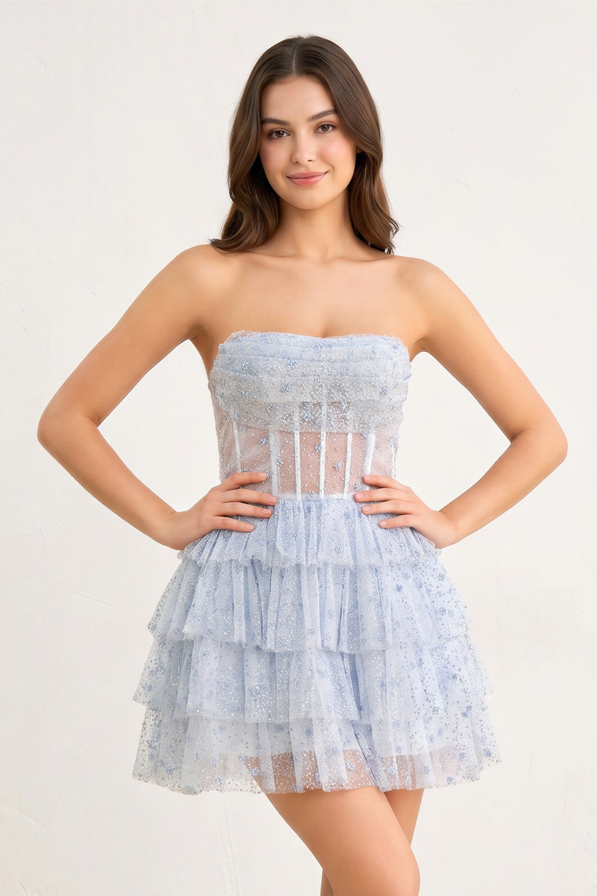 A-Line Strapless Scoop Tiered Sleeveless Short Homecoming Dress