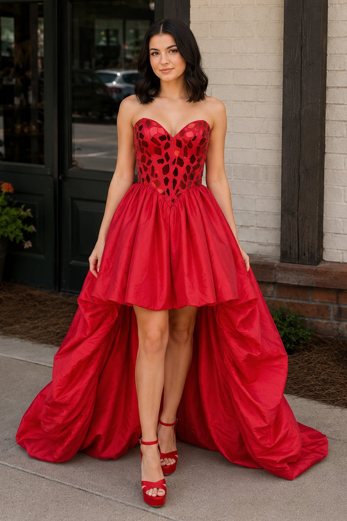 Sparkly Red Sweetheart Mirror High-Low Homecoming Dress