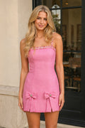 Pink Spaghetti Straps Beaded Sheath Homecoming Dress With Bows