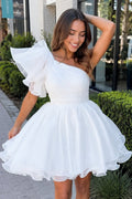 White A-Line Ruffled One-Shoulder Organza Homecoming Dress