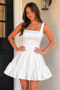 Zinovia | White - A Line Satin Square Neck Ruffles Short Homecoming Dresses
