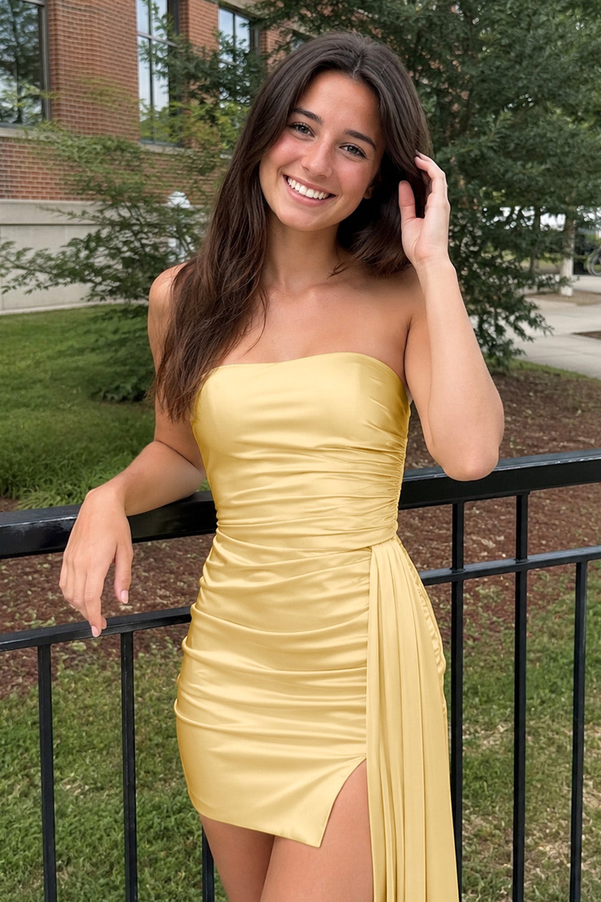 Yellow Sheath Strapless Satin Short Homecoming Dress with Train